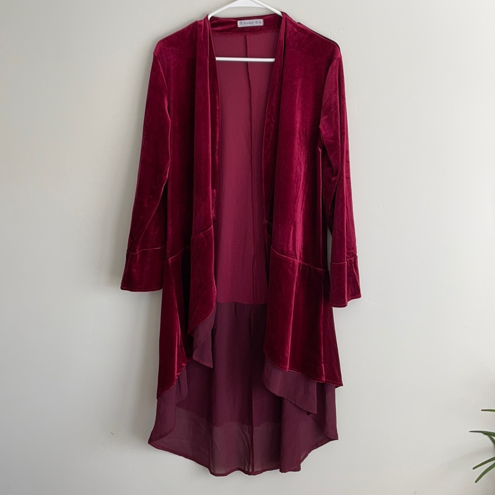 Ruffled Asymmetric Long Velvet Blazer Coat, Casual